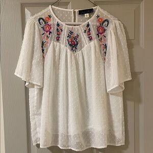 Blue Rain White Blouse with Multicolor Embroidery